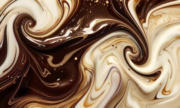Swirling patterns of dark and white melted chocolate merging