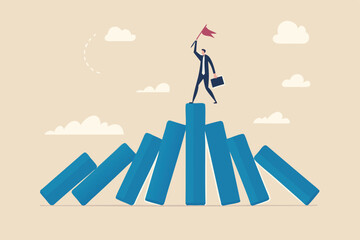 Winner take all, survive business competition or strength to overcome difficulty, economic crisis or recession, business winner concept, success businessman on stand strong bar graph domino collapse.