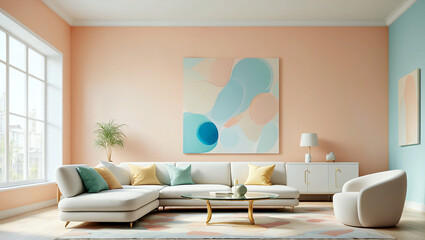 Minimalist Pastel Living Room Modern Decor Soft Tones and Contemporary Furniture Generative AI