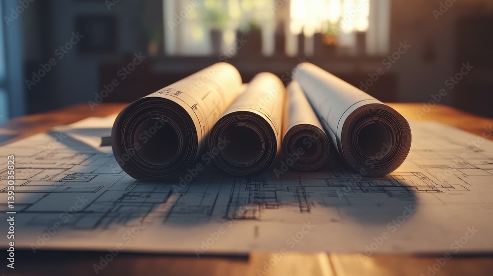 Wall mural blueprint scrolls on table with daylight background