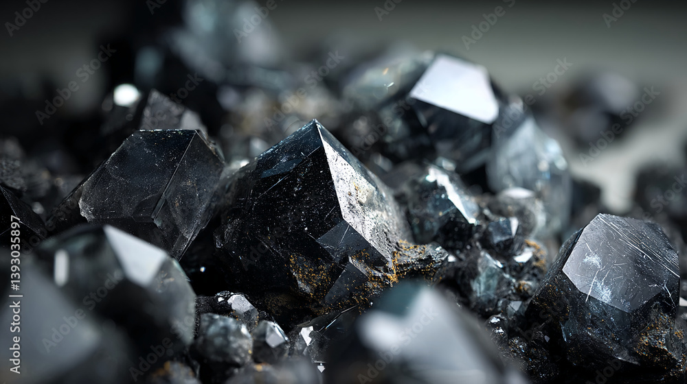 Poster close-up of dark crystal cluster,faceted surfaces showing texture and light reflection, representing