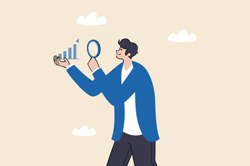 Company transparency, business analysis or report, information or statistic, search for market growth, economic or improvement concept, businessman look through magnifying glass analyze graph.