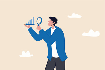 Company transparency, business analysis or report, information or statistic, search for market growth, economic or improvement concept, businessman look through magnifying glass analyze graph.