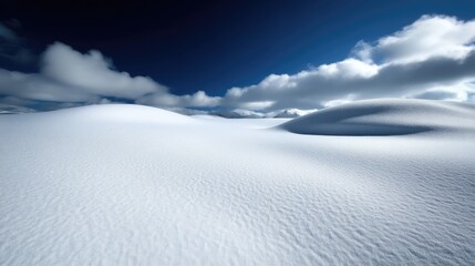 Pristine winter landscape.  Vast expanse of snow-covered terrain, gentle slopes, dramatic clouds against a brilliant blue sky.  Soft light illuminates the scene