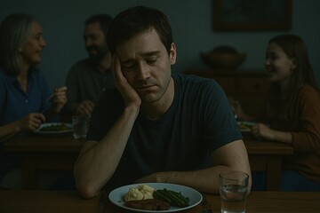 A person sits at a dinner table, their face weary and distant, resting heavily on one hand. The food in front of them remains untouched