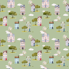 Fototapeta premium Seamless pattern with European houses on green background. Urban retro buildings with tile roof. Hand drawn illustration. Old town. Watercolor. Design for wallpaper, postcards, packaging, stationery..