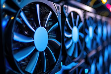 Powerful computer hardware cooling systems.  Rows of graphic processing units with cooling fans