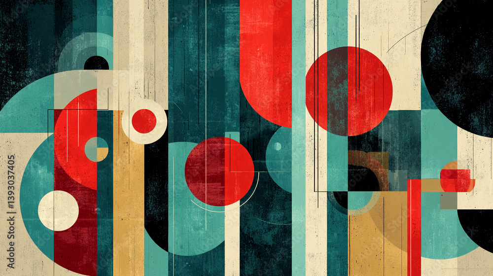Poster Abstract geometric artwork featuring red, teal, beige, and black shapes, creating a modern and dynamic composition, showcasing a blend of circles and rectangles on a textured background