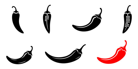 Stylish chili pepper silhouette icon for culinary use, set vector various chili silhouettes, Hot chili pepper silhouette vector,  black chili icon vector, black silhouette, chili pepper, simple icon.