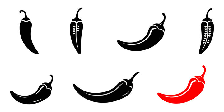 Stylish chili pepper silhouette icon for culinary use, set vector various chili silhouettes, Hot chili pepper silhouette vector,  black chili icon vector, black silhouette, chili pepper, simple icon.