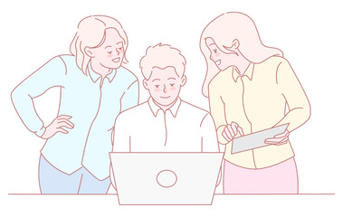 Three colleagues are actively engaging in a productive discussion while working together on a laptop and tablet