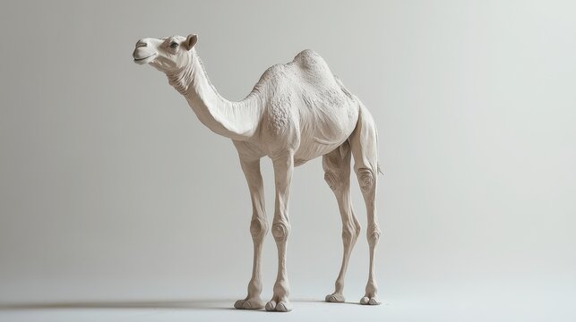 A sculpted, pale camel stands serenely against a neutral backdrop, showcasing detailed anatomy and a smooth, artistic finish