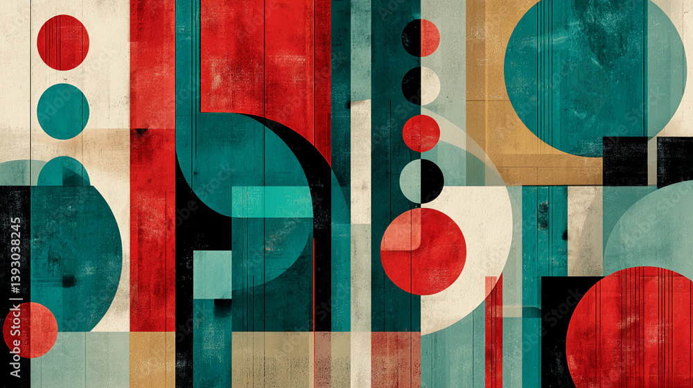 Poster abstract geometric artwork featuring red, teal, and beige circles and rectangles layered to create a