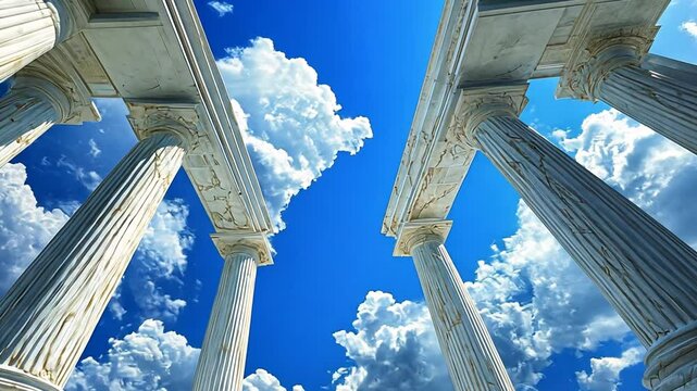 Architectural pillars perspective with clouds, depicting grandeur and aspiration