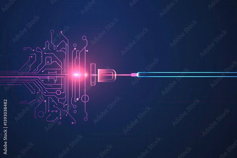 Wall mural laser creating a microchip in minimalist line art on dark blue background