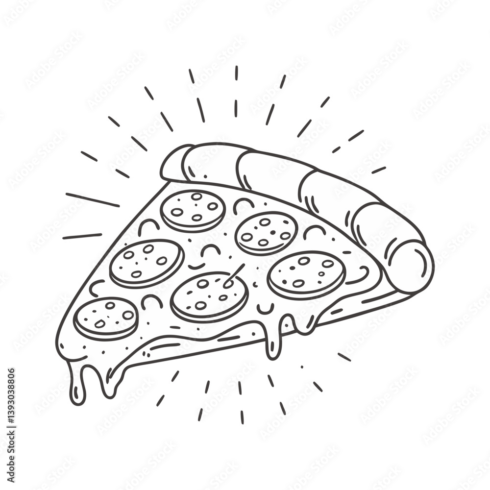 Poster cheesy pizza slice vector with dripping toppings in fun outline style for fast food and snack themes