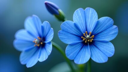 Fototapeta premium Close-up of vibrant blue wildflowers with yellow stamens in soft focus background.