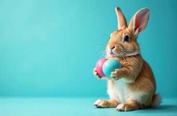 Obraz premium Cute rabbit on a blue background with pastel Easter eggs with a place for text