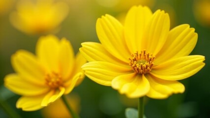 Obraz premium Close-up of vibrant yellow cosmos flowers in bloom on green blurred background.