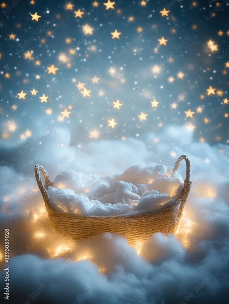 Poster dreamy cradle nestled in soft clouds, surrounded by stars and gentle light for a serene bedtime ambi