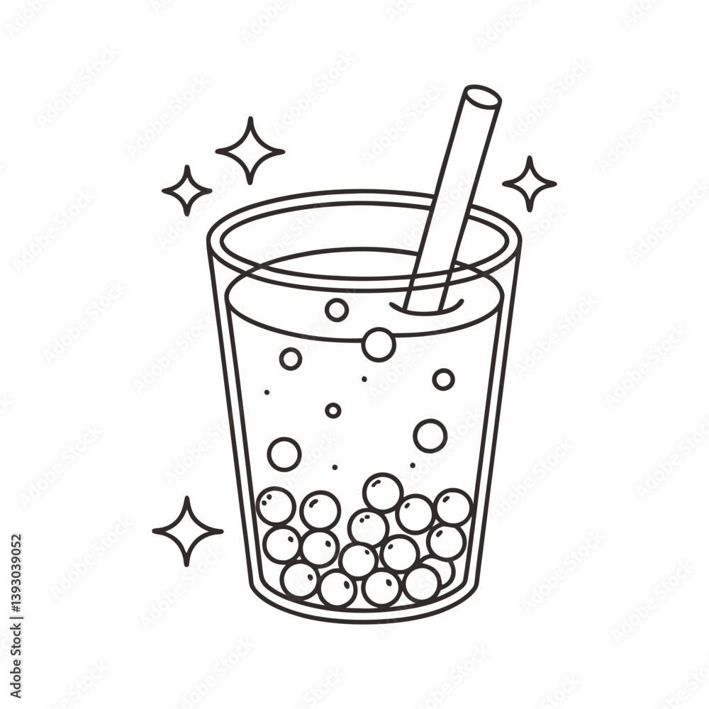 Poster boba tea vector with tapioca pearls and straw in simple outline style for trendy and refreshing drin
