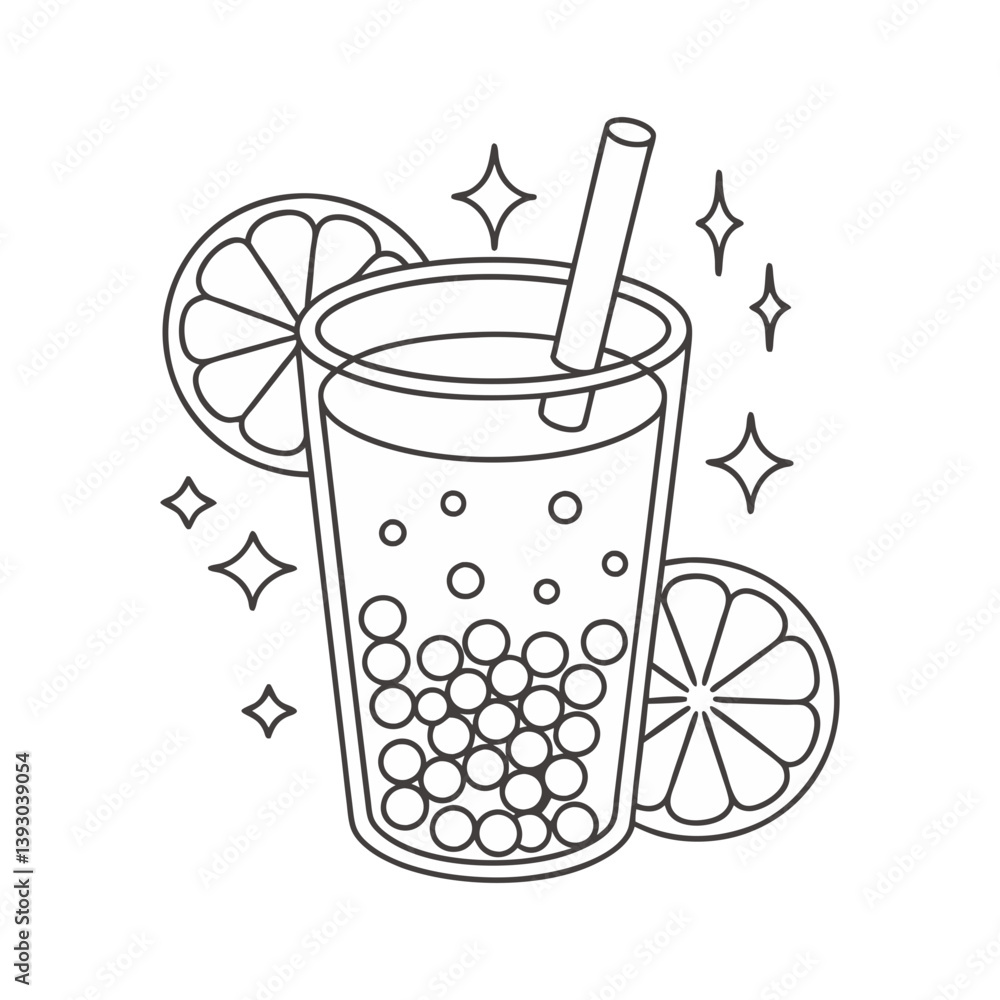 Poster citrus bubble tea vector with lemon slices and tapioca pearls in playful outline style for fruity dr