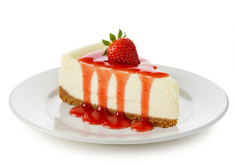 Fatia de cheesecake com calda de morango e morango fresco em prato branco.