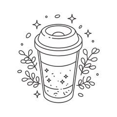 Takeaway coffee cup vector with sparkles and leaves in cozy outline style for cafe and autumn themes