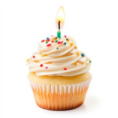 festive cupcake with burning candle isolated on white background.