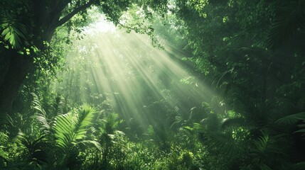 A lush green forest with sunlight streaming through the trees, peaceful and serene 