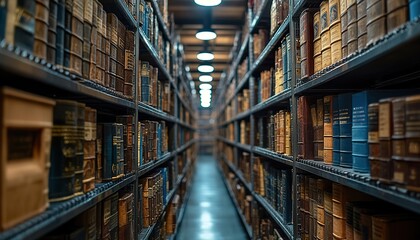 High-security financial archive filled with neatly categorized treasury bonds, metal shelves reflecting the overhead soft lighting.