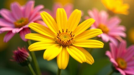Bright yellow daisy flower in bloom with soft pink daisies in background.