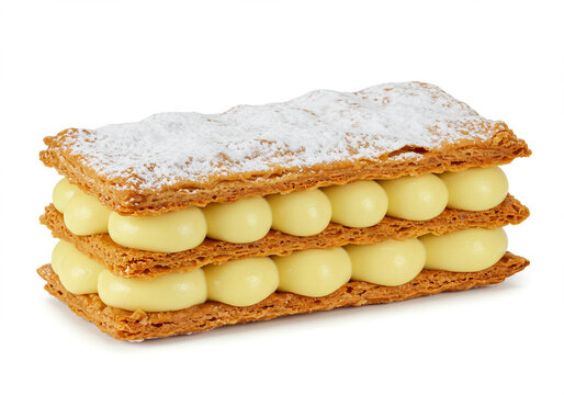 Mil folhas cl&aacute;ssico com creme patissi&egrave;re e decora&ccedil;&atilde;o de chocolate em prato branco.