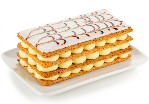 Mil folhas cl&aacute;ssico com creme patissi&egrave;re e decora&ccedil;&atilde;o de chocolate em prato branco.