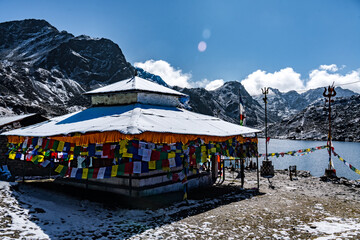 Gosaikunda Lake Hindu Pilgrimage Site with Temple and Prayer Flags in Langtang, Nepal