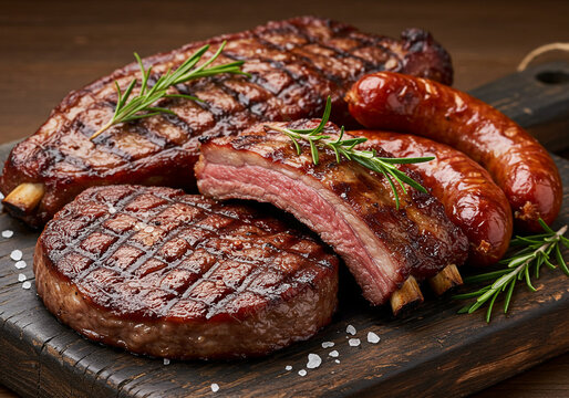Sele&ccedil;&atilde;o de carnes grelhadas premium: bife, costela e lingui&ccedil;a em t&aacute;bua escura.