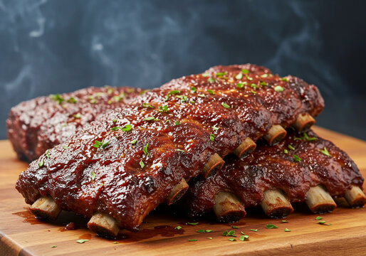 Costelas de porco BBQ defumadas e brilhantes em t&aacute;bua de madeira.