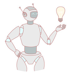 A whimsical and playful robot character primarily showcasing the essence of innovation with a glowing light bulb