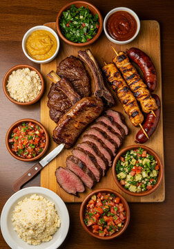 Mesa de churrasco variado com carnes nobres, saladas e acompanhamentos t&iacute;picos do Brasil