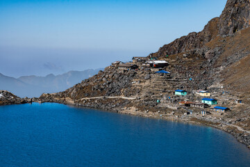 Beautiful Blue Himalayan Glacier Lake Gosainkunda Pilgrim in Langtang National Park, Rasuwa, Nepal