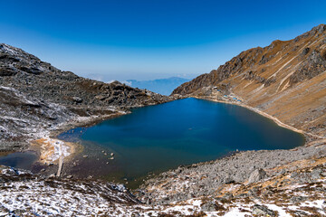 Beautiful Blue Himalayan Glacier Lake Gosainkunda Pilgrim in Langtang National Park, Rasuwa, Nepal