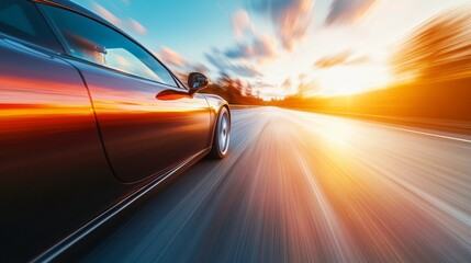 A high-speed sports car on an open road with motion blur, dynamic energy 