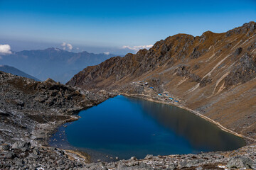 Beautiful Blue Himalayan Glacier Lake Gosainkunda Pilgrim in Langtang National Park, Rasuwa, Nepal
