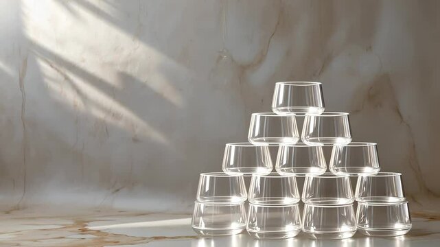 Close-up view of clear plastic cups stacked in a pyramid formation on a textured background, symbolizing simplicity and organization.
