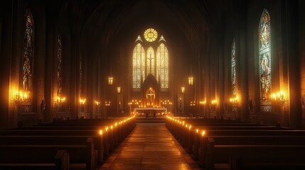 Fototapeta premium Candlelit church interior with kneeling worshippers, stained glass casts color, peaceful atmosphere of sacred prayer and reflection