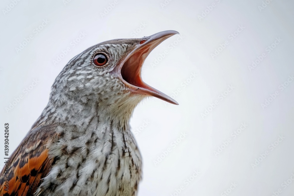Poster Cuckoo bird calls with open beak and expressive feathers against a white background
