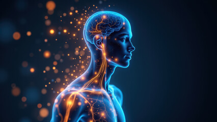 3D rendering of a human head with VNS (Vagus Nerve Stimulation) highlighted in vibrant colors, symbolizing energy or electricity.