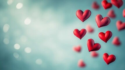 Obraz premium Red hearts float on a teal background with bokeh lights, perfect for Valentine's Day or love-themed designs.