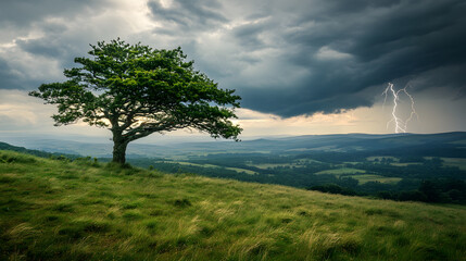 Obraz premium A solitary tree stands on a grassy hill, silhouetted against an ominous storm cloud and lightning strikes in the distance, nature's power and resilience on display.