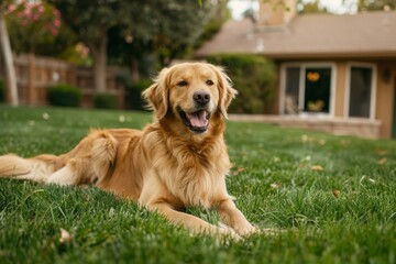 Happy family playing with happy golden retriever dog on the backyard lawn